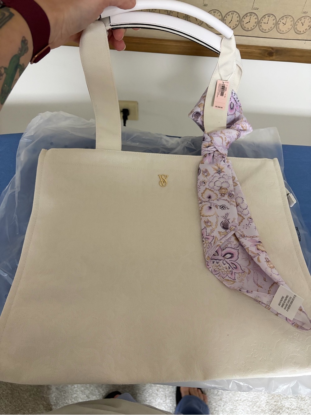 Victoria secret Elegant Cream Tote Bag with Lilac Scarf Accent